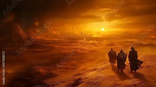 Mysterious Figures Journey Silhouetted Against Fiery Desert Sunset: Digital Painting in a Dramatic Style. AI Generated