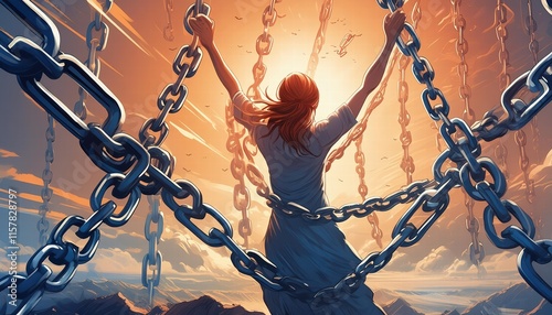 A Powerful Representation of Liberation A Person Breaking Free from Chains, Symbolizing the Triumph Over Constraints and the Joy of Embracing Newfound Freedom in Life. photo