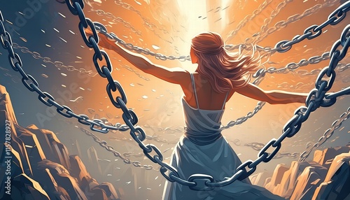 A Powerful Symbol of Liberation A Person Breaking Free from Chains, Representing the Triumph Over Constraints and the Joy of Newfound Freedom in Lifes Journey
