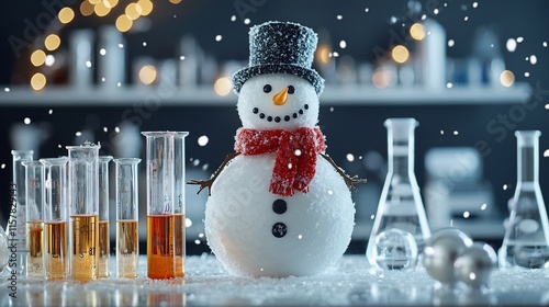 Snowman in a lab setting with falling snow and Christmas lights.