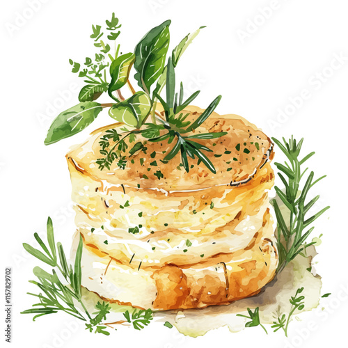 A watercolor drawing of French soufflé with cheese and herbs, isolated on a white background. Soufflé vector.
 photo