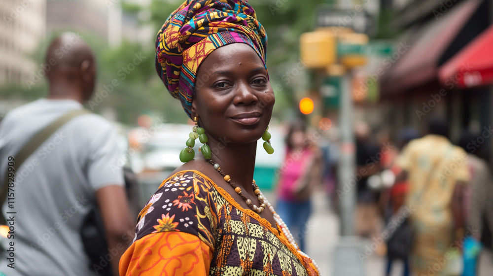 Fototapeta premium Smiling African woman in vibrant traditional attire in a bustling city street.