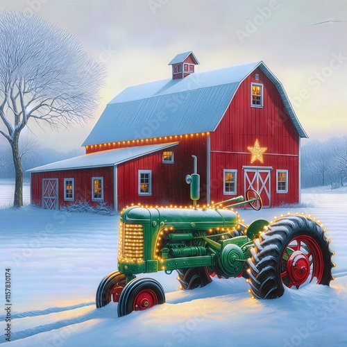 A vibrant green tractor adorned with lights sits in front of a red barn covered in snow, creating a festive atmosphere 