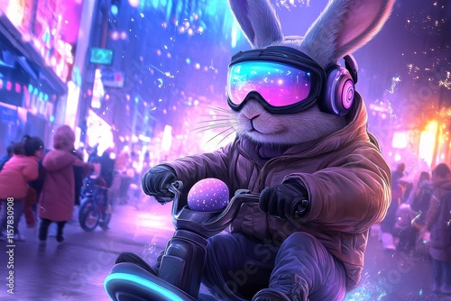 A vibrant and whimsical Easter celebration unfolds, showcasing a cool rabbit riding a bicycle, joyfully traversing a colorful city beautifully adorned with festive lights, bringing cheer to all photo