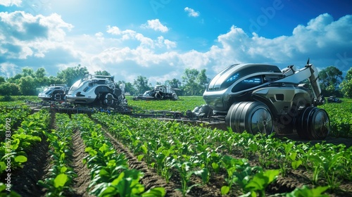 A futuristic scene of robots plowing and seeding in a vast agricultural field, sleek metallic designs, lush green crops, bright blue sky, dynamic movement, intricate machinery details photo