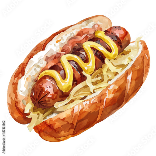 A watercolor drawing of a German bratwurst with mustard and sauerkraut, isolated on a white background. German bratwurst vector.
