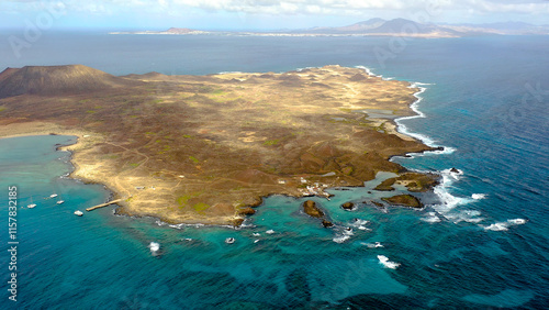 Aerial view over the coast and beaches in Lobos Island, on the Atlantic Island of Fuerteventura, Spain.