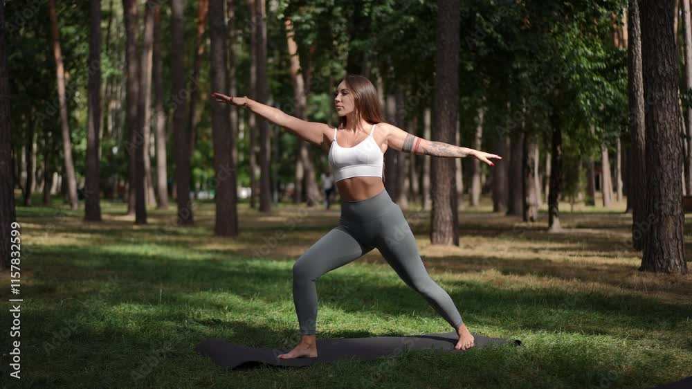 A young woman finds joy in practicing various yoga poses amidst the serene beauty of a peaceful forest environment A young woman finds joy in practicing various yoga poses amidst the serene beauty of a peaceful forest environment