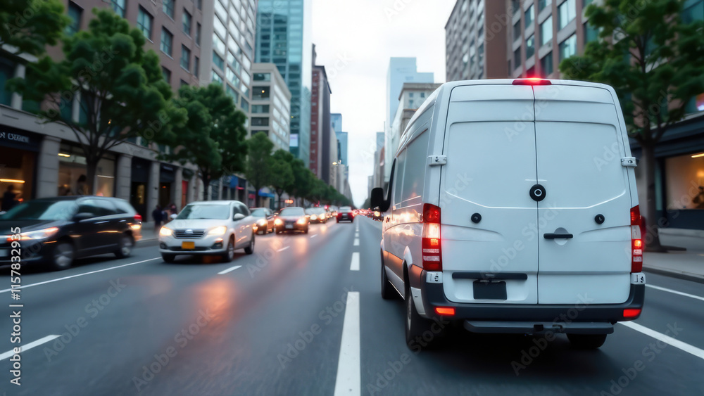 Fototapeta premium A white delivery van travels down a city street with traffic and buildings in the background. Concept of delivery in motion.