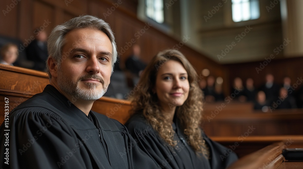 Two judges seated in a courtroom, focused on their roles in the legal process.