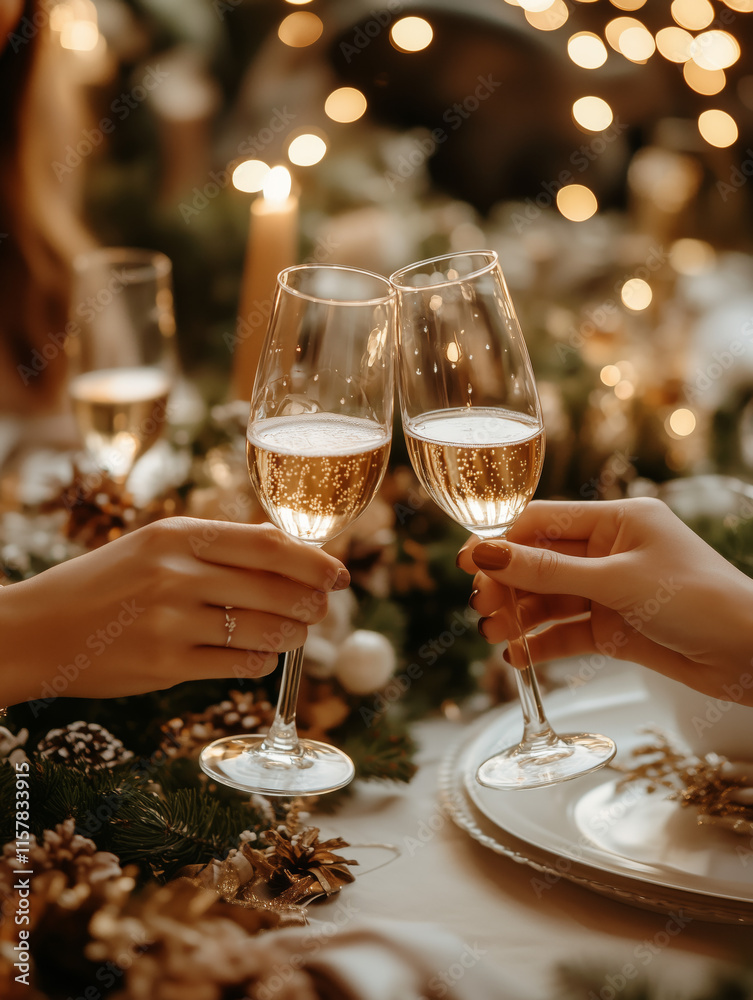 Close-up of hands toasting with champagne flutes during a festive New Year celebration Close-up of hands toasting with champagne flutes during a festive New Year celebration