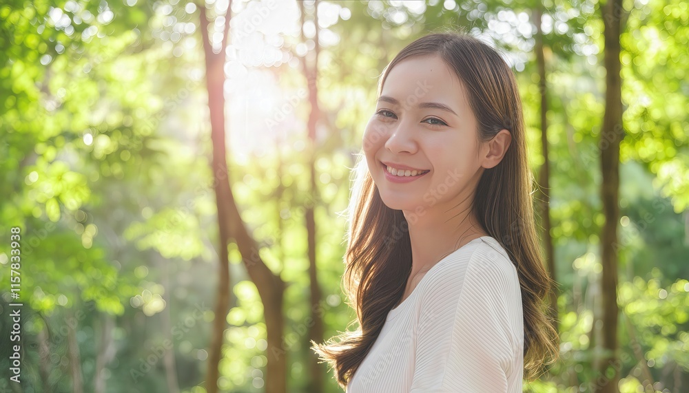 Radiant Joy A Portrait of a Woman Embracing Natures Beauty with Sunlight Flare, Capturing the Essence of Happiness and Serenity in a Lush Green Environment Radiant Joy A Portrait of a Woman Embracing Natures Beauty with Sunlight Flare, Capturing the Essence of Happiness and Serenity in a Lush Green Environment