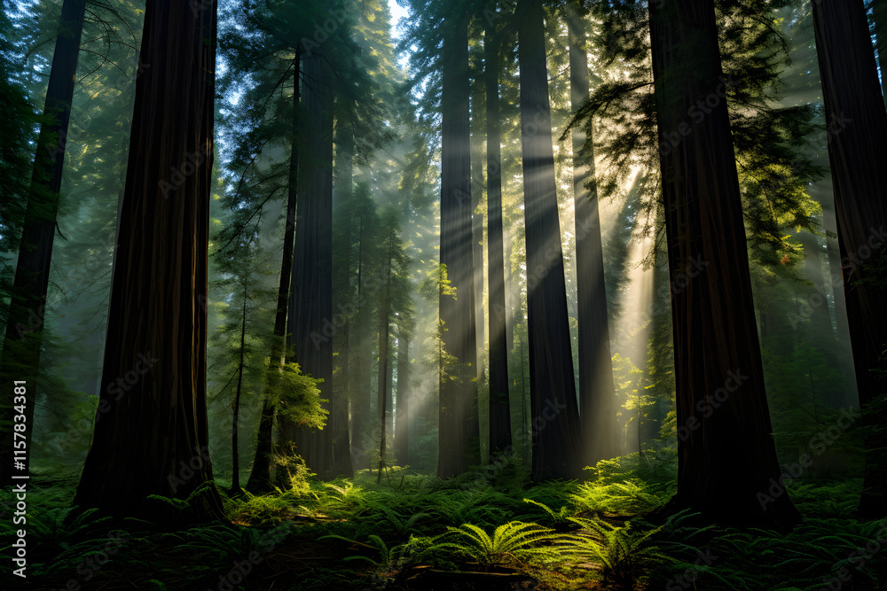 Fototapeta premium Ethereal Majesty: A Captivating Journey Through an Ef Redwood Forest
