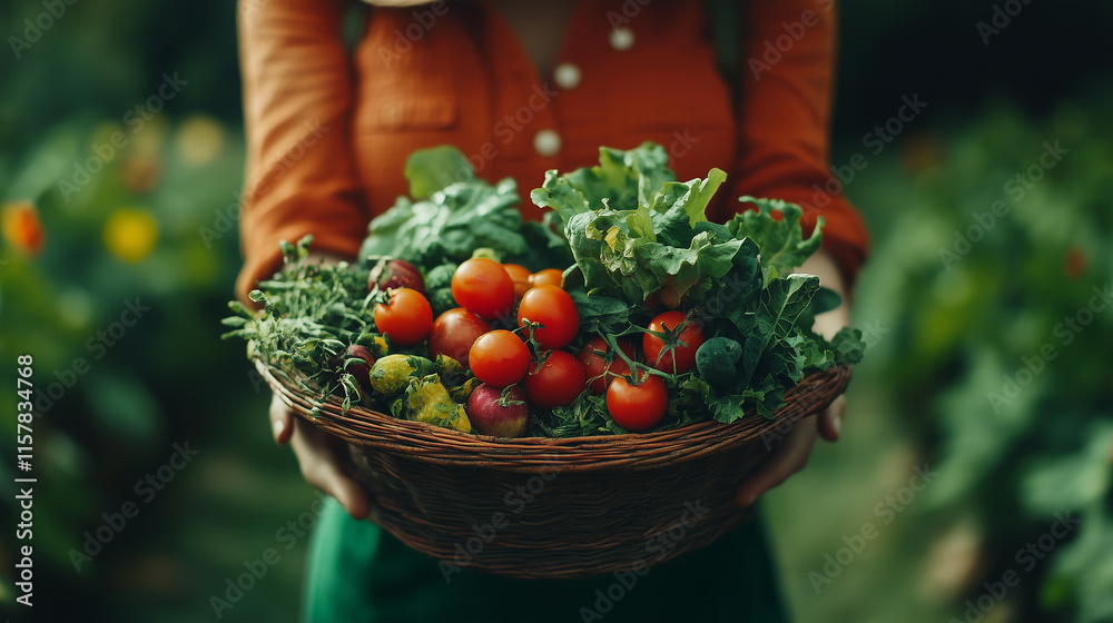 Fototapeta premium Harvesting fresh vegetables from a thriving garden during the warm summer afternoon