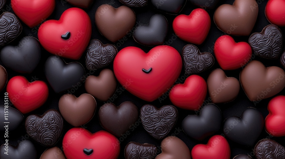 Obraz premium Sweet heart-shaped chocolates gourmet shop food photography black background close-up romance concept