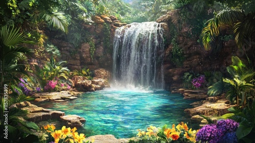 Lush tropical waterfall cascading into a serene pool, surrounded by vibrant flowers and dense foliage.