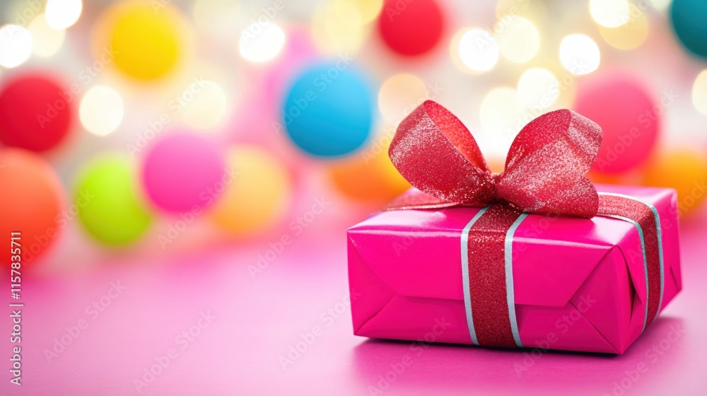 Fototapeta premium Brightly Wrapped Pink Gift Box with Red Ribbon Against a Colorful Background