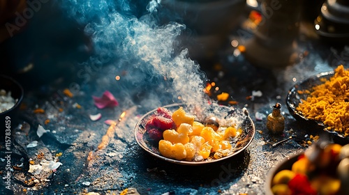 Mystical scene of a religious offering with incense smoke swirling over vibrant fruits and sweets.  A dark, textured surface adds depth to the image, creating an atmospheric and spiritual feel. photo