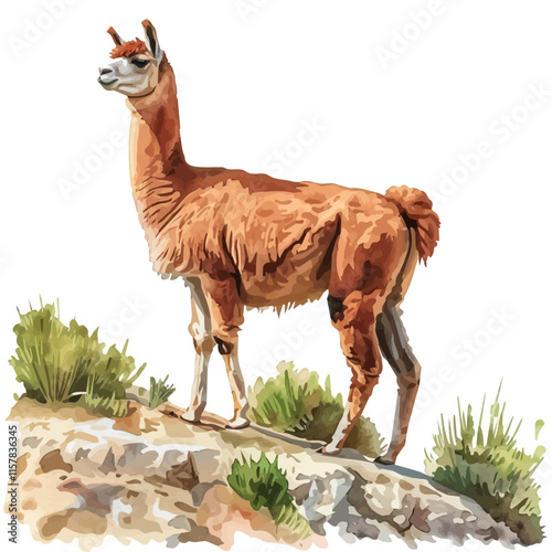 A watercolor drawing of an alpaca standing on a hillside, isolated on a white background. Alpaca vector.
