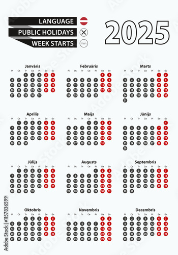Vector template calendar 2025 with number in circles, simple Latvian calendar for year 2025.
