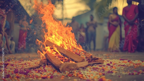 A bonfire burns brightly, surrounded by scattered flower petals.  Blurred figures in traditional clothing stand in the background, suggesting a cultural celebration or ritual. photo