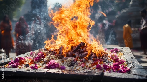 A vibrant fire burns amidst flower petals and incense, creating a spiritual atmosphere.  Blurred figures in the background suggest a religious ceremony or ritual.