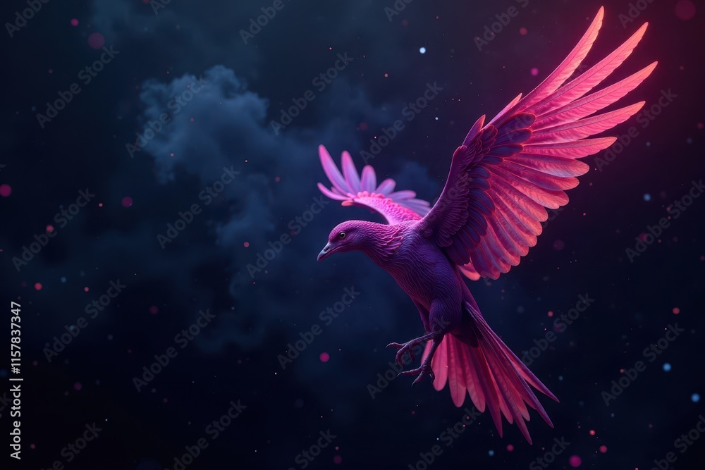 Fototapeta premium Glowing smoky raven, iridescent hues, deep black background, wings, glow