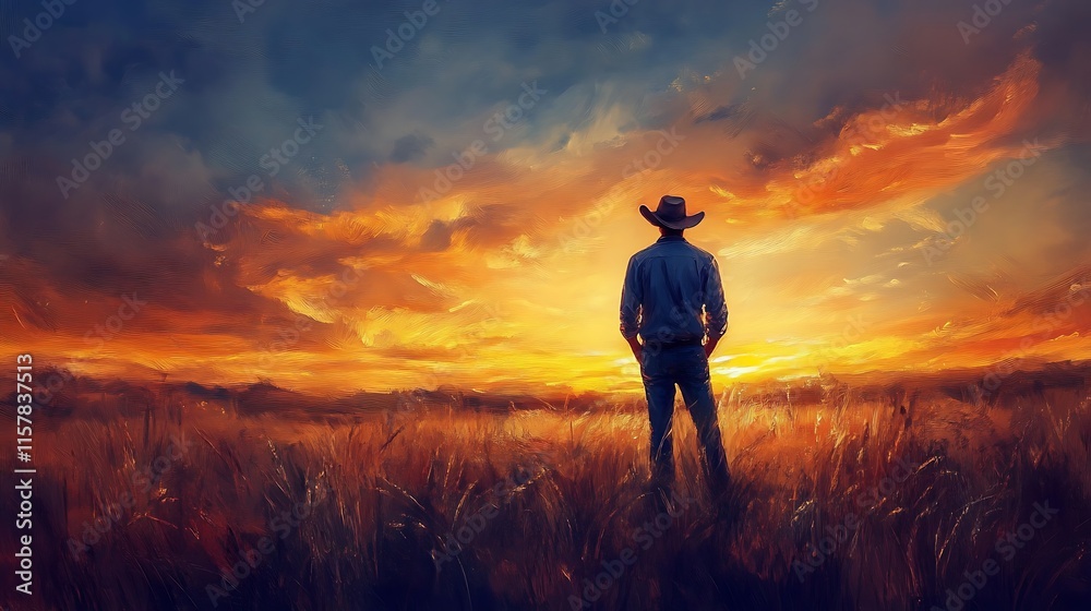 Fototapeta premium Silhouetted Cowboy Contemplates Vibrant Sunset Over Expansive Prairie - Digital Painting, Impressionistic Style. AI Generated