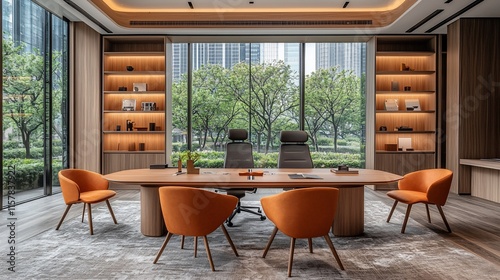 Modern office interior with large windows, wooden table, orange chairs, and built-in bookshelves. photo