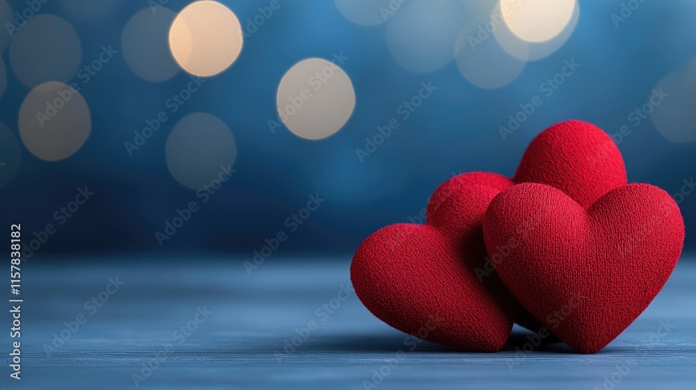 Romantic heart decorations soft blue background photo cozy environment close-up love concept