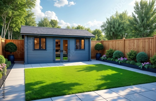 Back garden artificial grass lawn, grey paving slabs patio. Flower beds with various plants, blue wooden shed also visible. Timber fence surrounds garden area. Home exterior design features summer photo