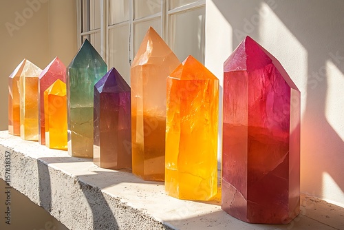 Colorful Crystal Points Arranged On A Ledge photo