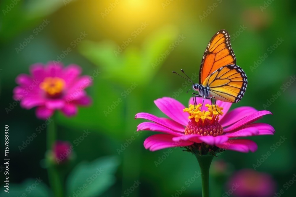 Vibrant butterfly perches on a colorful flower stem , floral, bloom Vibrant butterfly perches on a colorful flower stem , floral, bloom