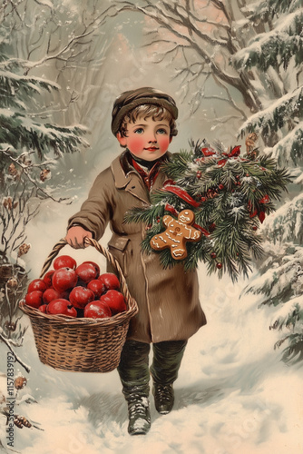 A vintage Christmas postcard of an old-fashioned illustration depicting young boy carrying christmas tree, basket full with red apples