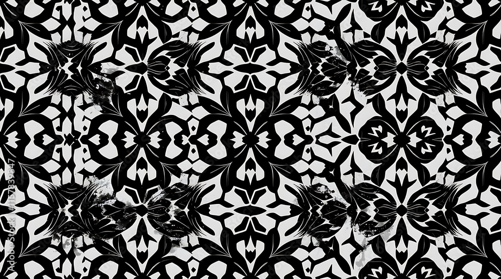 Black and White Intricate Floral Pattern: This seamless pattern features a captivating design with black floral motifs on a white background, creating a sophisticated and elegant feel. Black and White Intricate Floral Pattern: This seamless pattern features a captivating design with black floral motifs on a white background, creating a sophisticated and elegant feel.