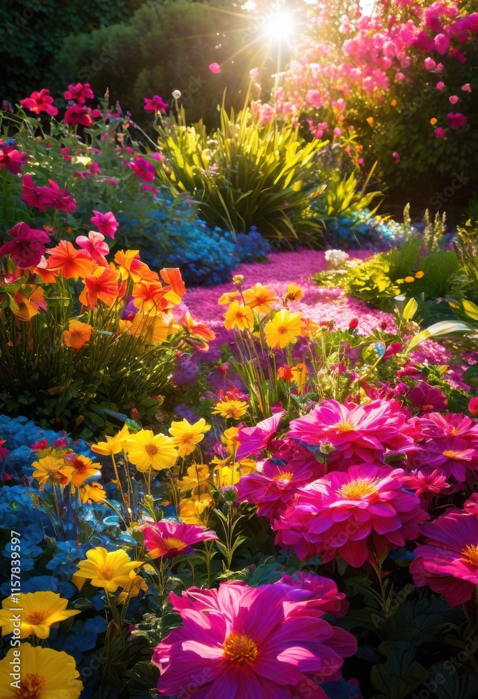 Obraz premium colorful vibrant garden elements bathed natural sunlight creating stunning visual experience beauty, flowers, plants, nature, greenery, bloom, landscape