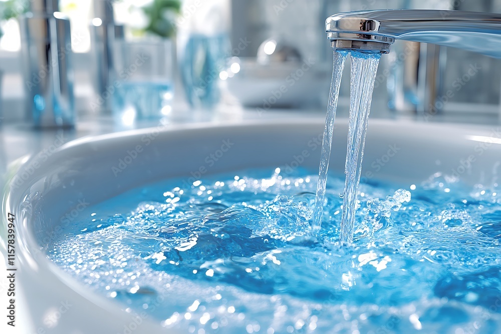 Running Water Filling a Modern Bathroom Sink Running Water Filling a Modern Bathroom Sink