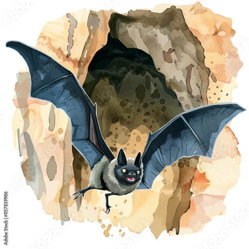 A watercolor drawing of a bat flying through a cave, isolated on a white background. Bat vector.
