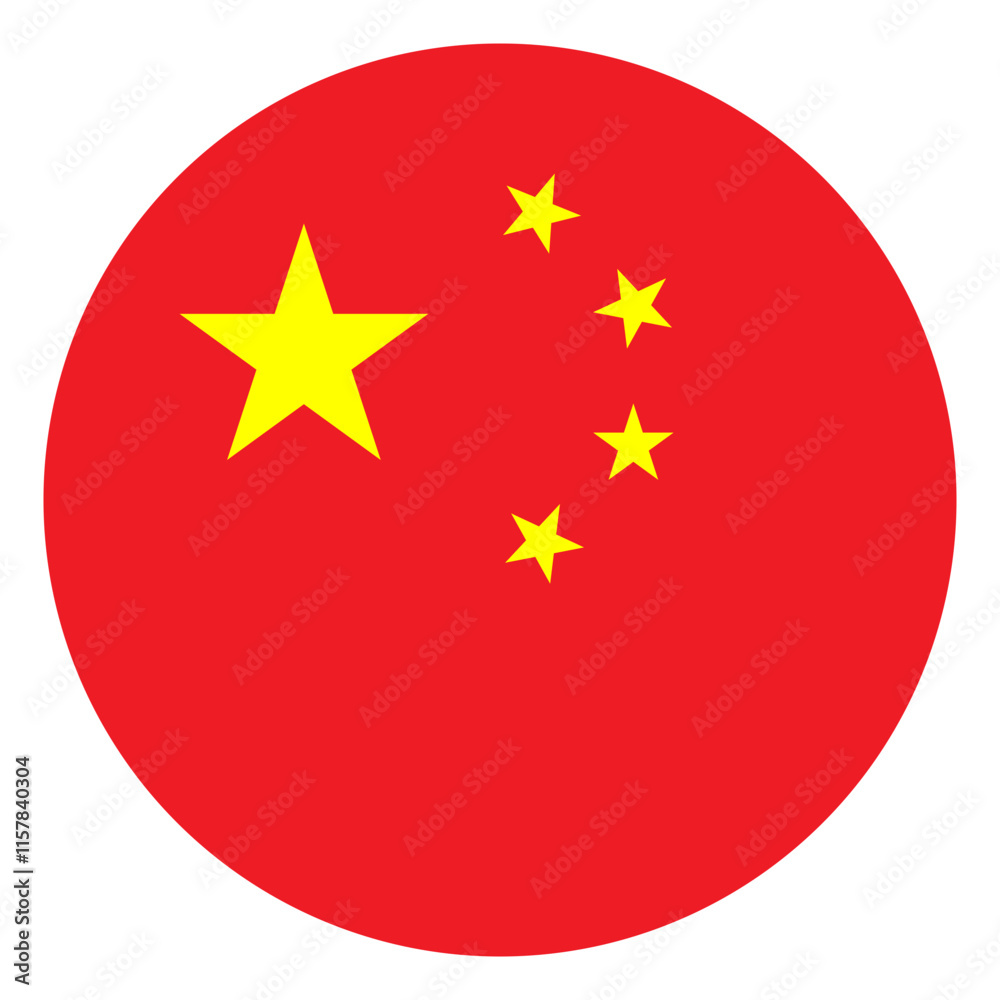 Circle China Flag with Red Color and Five Yellow Star