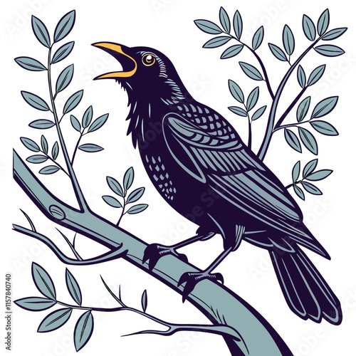 A gleeful blackbird singing on a branch with its beak wide open,