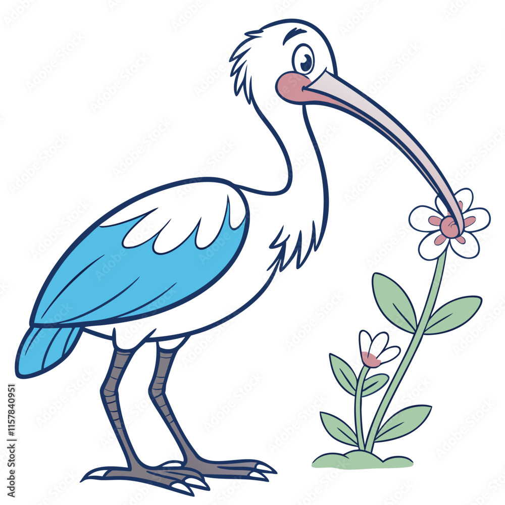 Fototapeta premium A grinning ibis holding a small flower in its beak