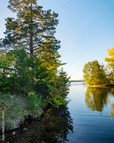 Trees reflected in a Wisconsin lake near evening.