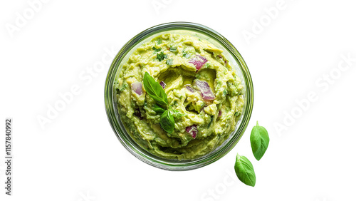 A glass bowl of fresh guacamole with vibrant green hues and visible pieces of avocado, herbs, and red onion, cut out