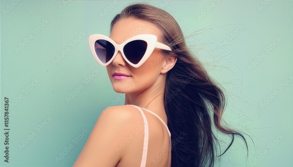 Chic Retro Style Summer Background Featuring a Fashionable Woman in Big Sunglasses Surrounded by Pastel Colors for a Vibrant and Trendy Aesthetic Chic Retro Style Summer Background Featuring a Fashionable Woman in Big Sunglasses Surrounded by Pastel Colors for a Vibrant and Trendy Aesthetic