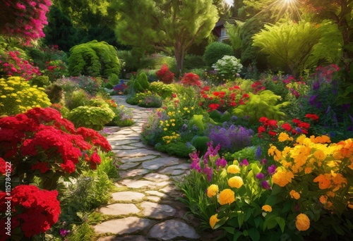 exploring creative vibrant garden layouts featuring lush greenery blooms colorful flowers various arrangements, artistic, botanical, brightness, butterflies photo