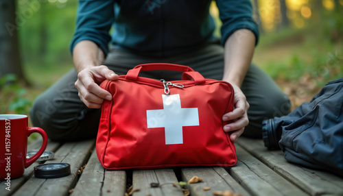 Man assembles first aid kit outdoors in woodland. Prepares medical supplies in red kit. Likely hiking camping. Nature scene. Preparation for emergency. Safety equipment. Adventure. Outdoor lifestyle. photo