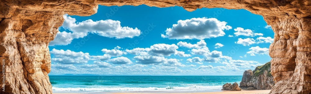 A panoramic view of Cathedral Cove beach in summer, deserted, during the daytime A panoramic view of Cathedral Cove beach in summer, deserted, during the daytime