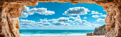 A panoramic view of Cathedral Cove beach in summer, deserted, during the daytime