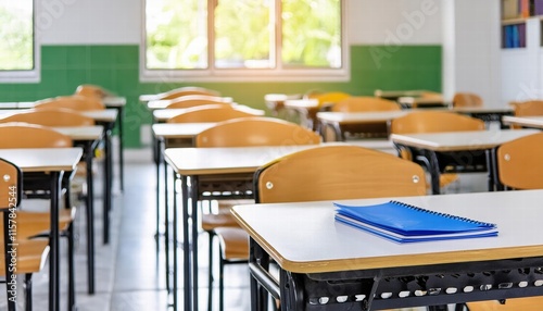 A serene and focused atmosphere in a vibrant elementary classroom, showcasing a blurred background that emphasizes the educational environment without young students present. photo