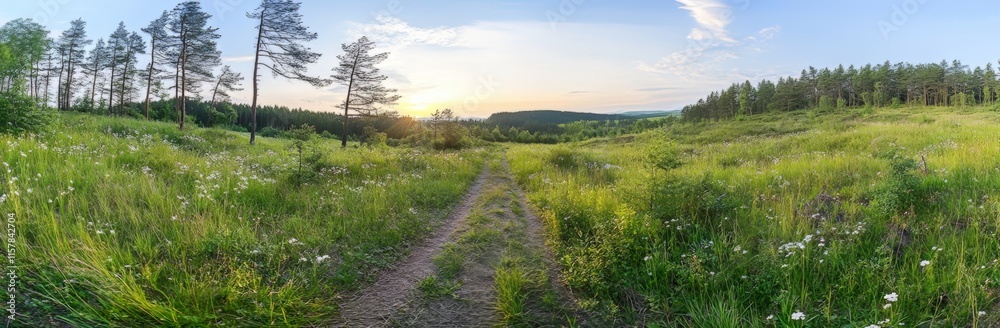 Panoramic view of a forest bathed in sunlight filtering through the trees Panoramic view of a forest bathed in sunlight filtering through the trees